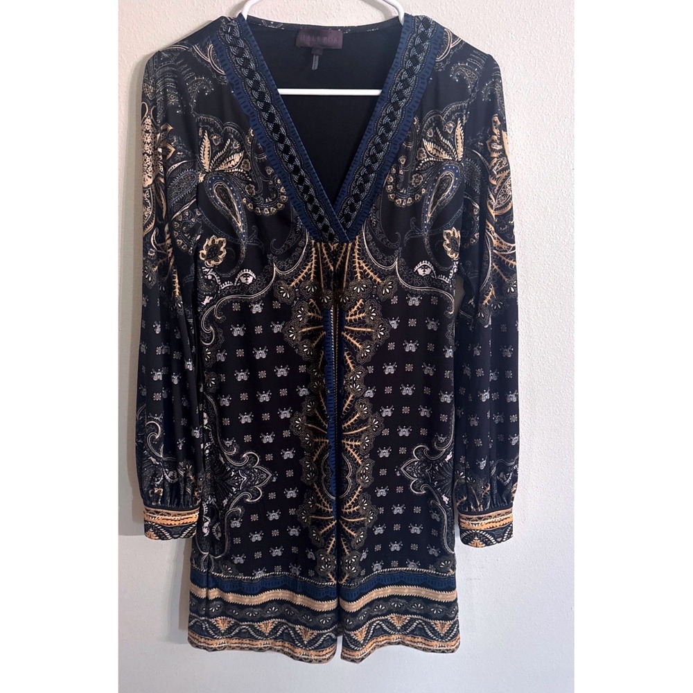 Hale Bob Womens Black Paisley Beaded V-Neck‎ Long Sleeve Mini Dress Size Small